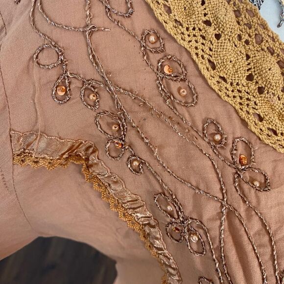 Orange Tan Vintage Boho Embroidered Babydoll Blouse Top M - Picture 3 of 8